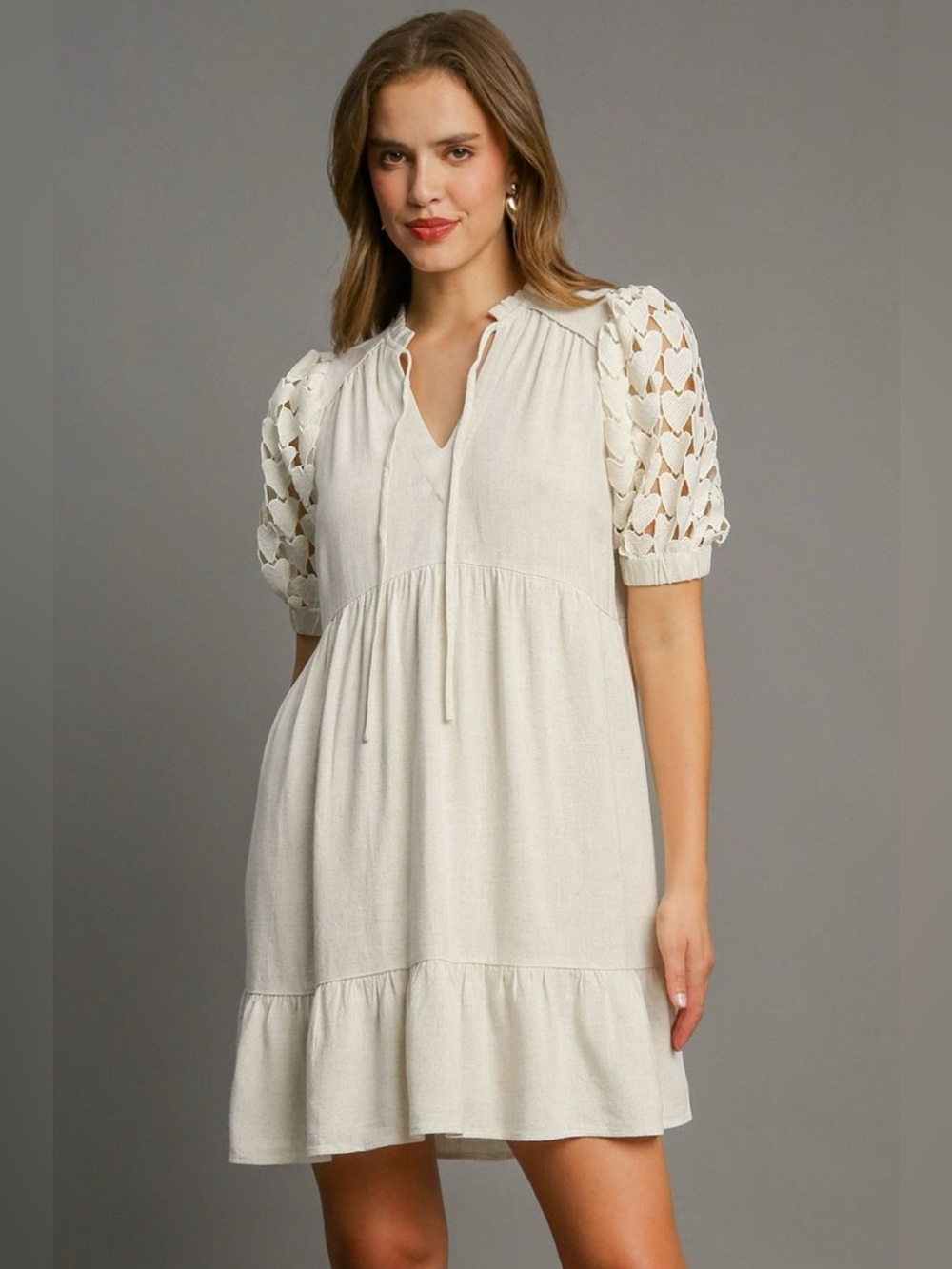 Umgee Full Size Ruffled Hem Heart Lace Sleeve Tie Neck Dress Plus Size